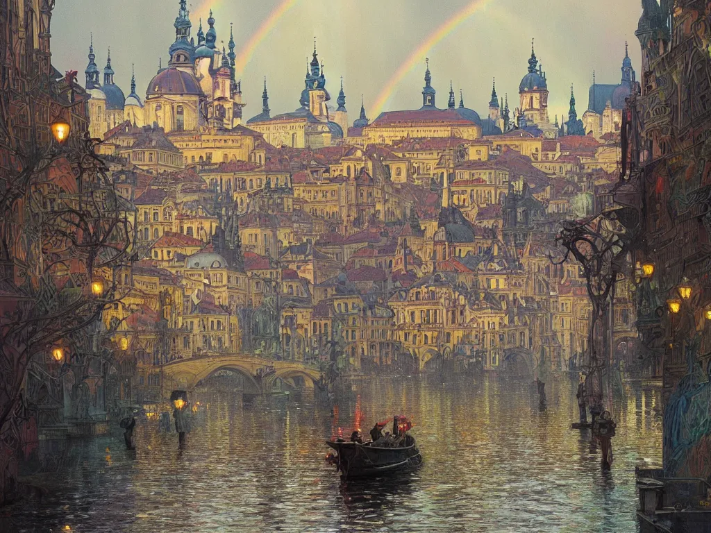 Image similar to a view from the river a city resembling prague, paris, and venice after a rain with a rainbow, intricate, elegant, highly detailed, digital painting, artstation, concept art, smooth, sharp focus, colored illustration for tattoo, art by krenz cushart and artem demura and alphonse mucha,