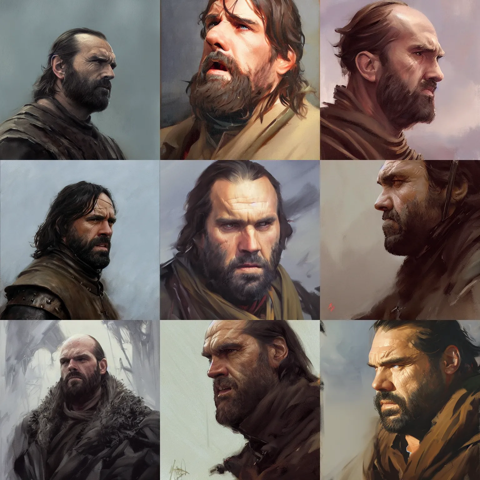 Prompt: greg manchess portrait painting of the hound from game of thrones, medium shot, asymmetrical, profile picture,, foggy day, matte painting, bold shapes, hard edges, by huang guangjian and gil elvgren and sachin teng