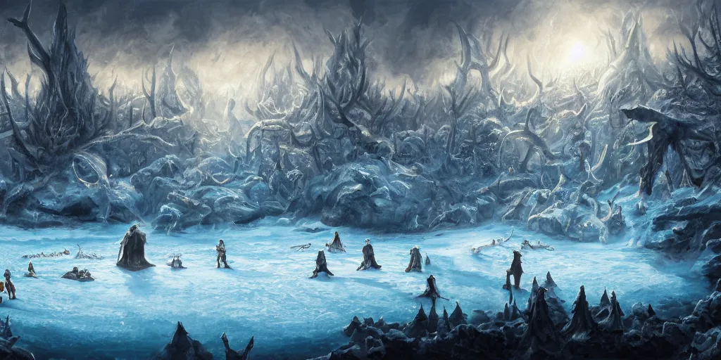 Image similar to a d & d background of a frozen lake with monsters beneath the ice, high quality digital art, gridless, vivid, blue tones, oil painting, trending on arstation, oil painting