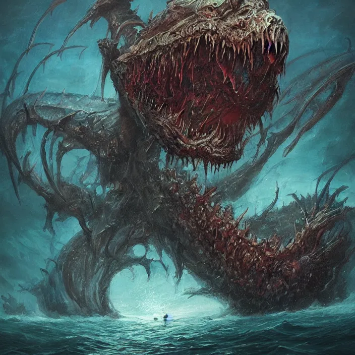 Image similar to sea monster large horror under the ocean d & d, d & d style, trending on artstation, intricate, highly detailed, vivid painting, colorful, art by greg rutkowski