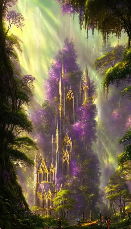 Image similar to fairy palace, castle towers, sunbeams, gothic cathedral, Japanese shrine waterfall, gold and gems, purple trees, lush vegetation, forest landscape, painted by tom bagshaw, raphael lacoste, eddie mendoza, alex ross concept art matte painting