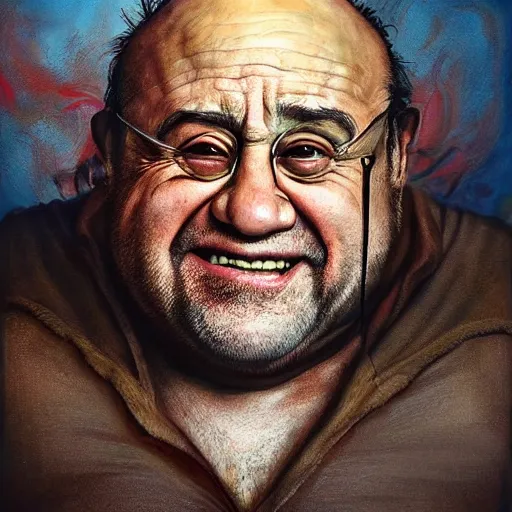 Image similar to hyperrealistic mixed media high resolution painting of !!Danny DeVito!! (dwarf) Lord of the Rings, stunning 3d render inspired art by Jamie Salmon and István Sándorfi and Unreal Engine and Greg Rutkowski, perfect facial symmetry, dim volumetric lighting, 8k octane beautifully detailed render, full body shot, post-processing, extremely hyper-detailed, intricate, epic composition, highly detailed attributes, highly detailed atmosphere, cinematic lighting, masterpiece, trending on artstation, very very detailed, masterpiece, stunning, flawless completion, lifelike texture, perfection,