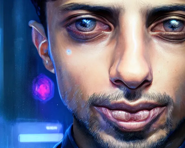 Image similar to highly detailed portrait of riz ahmed as an android, in detroit : become human, stephen bliss, unreal engine, fantasy art by greg rutkowski, loish, rhads, ferdinand knab, makoto shinkai and lois van baarle, ilya kuvshinov, rossdraws, tom bagshaw, global illumination, radiant light, detailed and intricate environment