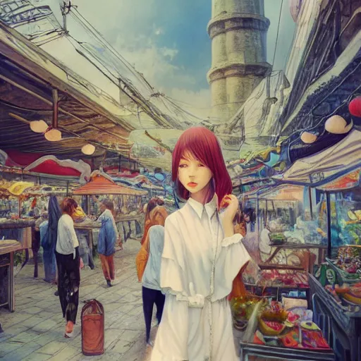 Image similar to flea market in istanbul in the future, by miho hirano, ross tran and ilya kuvshinov, realistic, detailed, beautiful fantasy detailed trending on artstation, oil painting, dramatic lighting, eterea, high quality print, fine art with subtle redshift rendering