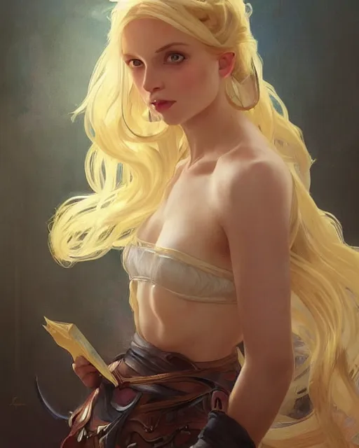 Image similar to '' Portrait of Beautiful blonde Slavic woman in her early 30’s, league of legends, LOL, fantasy, d&d, digital painting, artstation, concept art, sharp focus, illustration, art by greg rutkowski and alphonse mucha ''