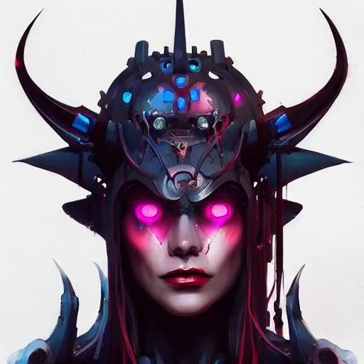 Image similar to a portrait of a beautiful demonic cybernetic queen of hell, cyberpunk concept art by pete mohrbacher and wlop and artgerm and josan gonzales, digital art, highly detailed, intricate, sci-fi, sharp focus, Trending on Artstation HQ, deviantart, unreal engine 5, 4K UHD image