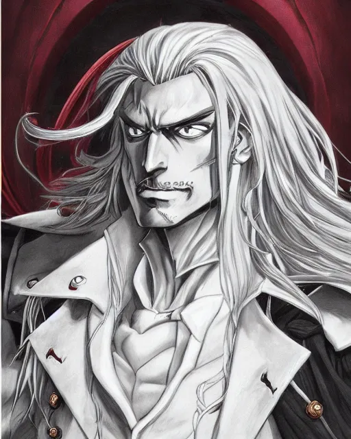 Image similar to portrait of alucard from castlevania, elegant, beautiful, mesmerizing, concept art, fancy clothing, highly detailed, artstation, behance, deviantart, trending, ayami kojima, shinichi sakamoto, kaoru mori