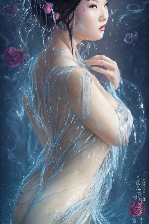 Image similar to portrait of a beautiful woman wearing a cheongsam dress, drenched body, silver hair, emerging from the water, dark fantasy, regal, fractal crystal, fractal gemstones, by ross tran, stanley artgerm lau, thomas kindkade, loish, norman rockwell