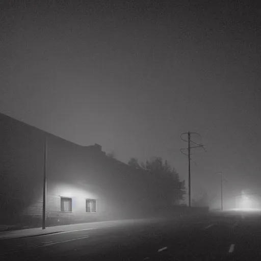 Prompt: A stunningly beautiful award-winning 8K high angle close up cinematic movie photograph of a spooky foggy empty lightless moonlit main intersection in an abandoned 1950s small town at night, by David Fincher and Darius Khonji. perfect composition, shot from roofline, moody low key backlit. Color palette from Seven, greens yellows and reds. 2 point perspective, high angle from 15 feet off the ground. Octane render