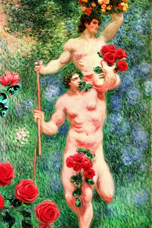 Image similar to the greek god hermes marched forward among the roses, monet, musha, oil painting style, large beautiful pale pink roses and deep red roses