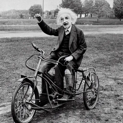 Image similar to Albert Einstein driving a Speeder Bike