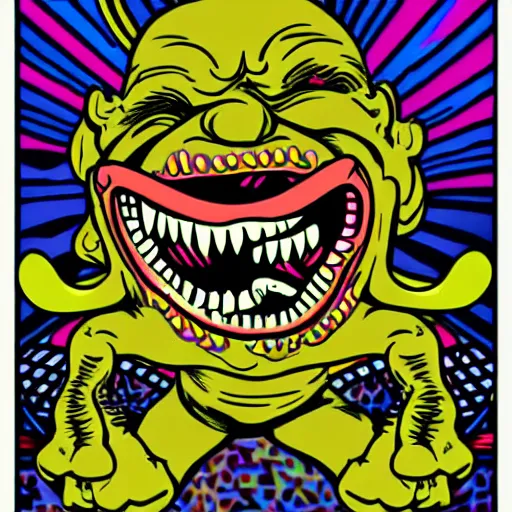 Image similar to psychedelic laughing demon, rocking out, headphones dj rave, digital artwork, r. crumb, svg vector