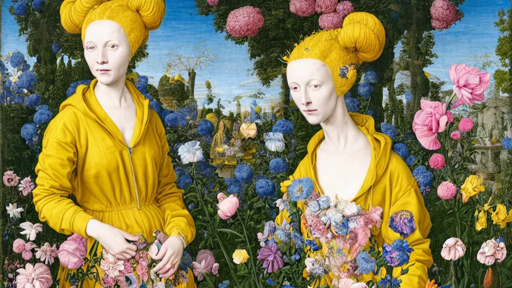 Prompt: portrait of a woman with blue hair buns, wearing a yellow hoodie by Vivienne Westwood, standing in a garden full of flowers, intricate details, high detail, in a renaissance style, super-flat,