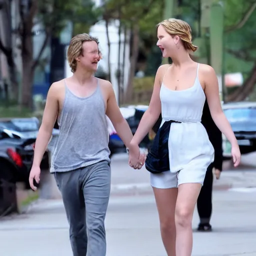 Image similar to Jennifer Lawrence and Jennifer Lawrence walking down the street, holding hands, smiling, soft focus, medium shot,