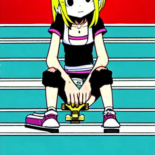 Prompt: skater girl sitting on steps by scott pilgrim, by bryan lee o'malley, tank girl, muted colors anime