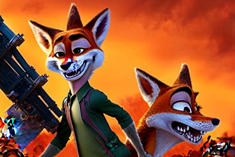 Image similar to nick wilde ( from zootopia ), heavily armed and armored facing down armageddon in a dark and gritty reboot from the makers of mad max : fury road