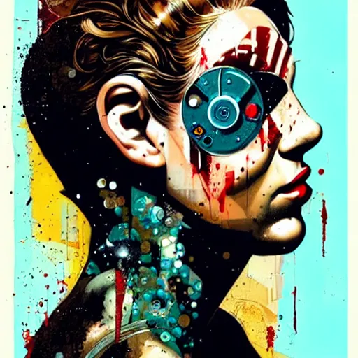 Image similar to portrait of britainwoman :: side profile :: in ocean :: clockwork details :: gold :: blood and horror :: by marvel and Sandra Chevrier