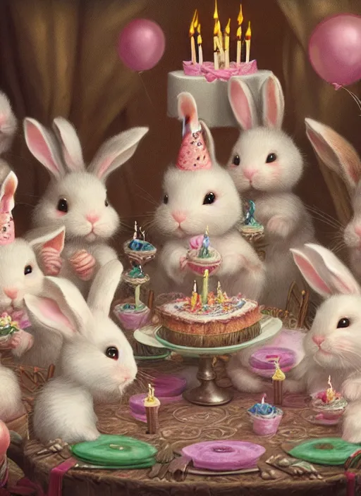 Image similar to highly detailed group closeup portrait of cute bunnies having a birthday party banquet in a castle, unreal engine, nicoletta ceccoli, mark ryden, earl norem, lostfish, global illumination, god rays, detailed and intricate environment