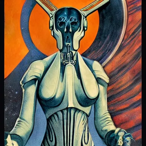 Prompt: Art Nouveau pulp sci fi magazine painting with no text, 1920s space costume designed by HR Giger
