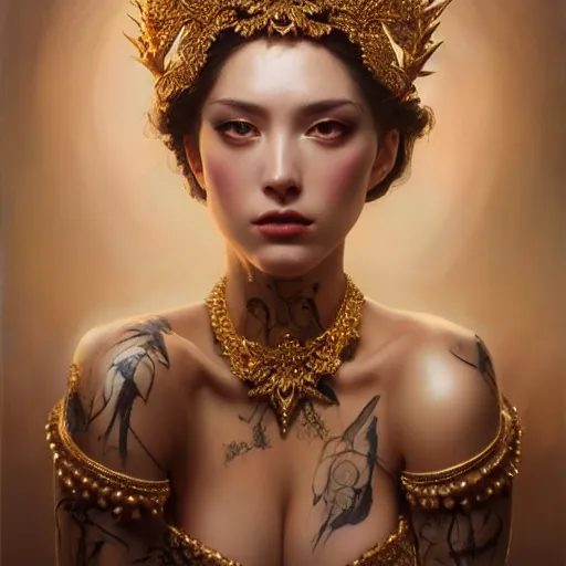 Prompt: expressive oil painting, of alluring european princess, seductive look, smirking, smooth glowing skin, glistening body, love, adoration, sweat, tattoos, ornate headpiece made from thorns, glamour shot, by yoshitaka amano, by greg rutkowski, by jeremyg lipkinng, by artgerm, digital art, octane render, heavenly aesthetic