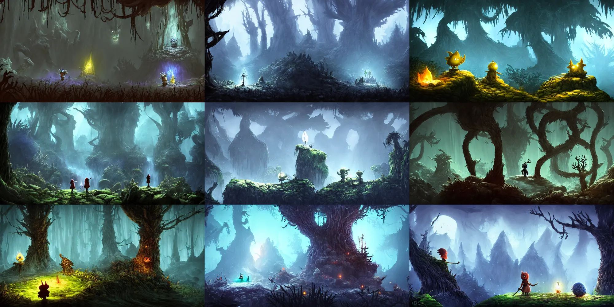 Prompt: darksouls in the ori blind forest in the style of tim burton, ountainside landscape, studio ghibli, pixar and disney animation, sharp, rendered in unreal engine 5, highly detailed, digital painting, artstation, concept art, smooth, sharp focus, illustration