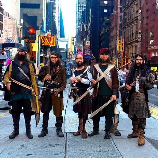 Image similar to real pirates standing with they swords ready in the middle of the road in new york city.