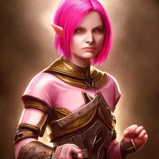 Image similar to beautiful, pink short haired, half elf woman, healer wearing cleric clothing and holding a shield, dungeons and dragons, character portrait, full face render, crimson eye color, 4 k, 8 k, hyper detailed, back lighting