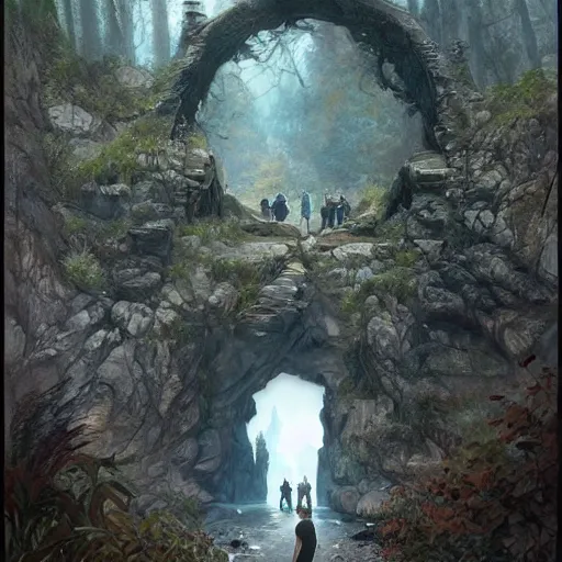 Prompt: a large rock arch is a portal to another dimension, surrounded by misty forest, people wait to enter, D&D, fantasy, intricate, highly detailed, digital painting, artstation, concept art, smooth, sharp focus, illustration, art by artgerm and greg rutkowski and alphonse mucha