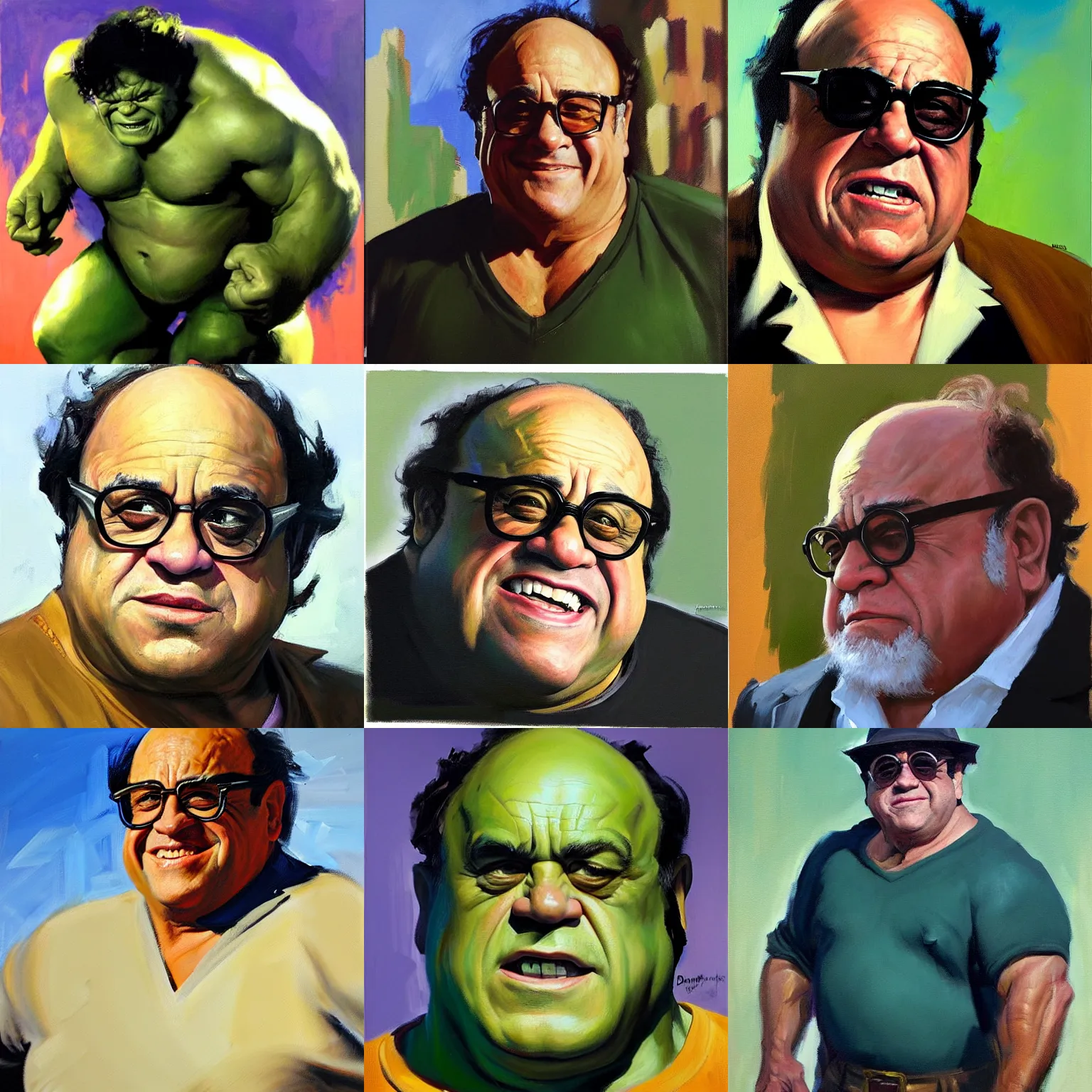 Prompt: Greg Manchess portrait painting of Danny Devito as the Hulk, medium shot, asymmetrical, profile picture, Organic, Painting, sunny day, Matte