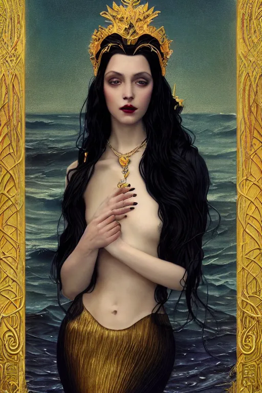 Prompt: a beautiful dark androgynous mermaid, pinup pose, long hair, tall and thin, wearing dozens of pendants and a gown of gold, small delicate crown of the sea on her head, illustration, dramatic lighting, soft details, painting oil on canvas, (art nouveau), octane render, HDR, 4k, 8k, HD, by Tom Bagshaw, Brom, Charlie Bowater, faces by otto schmidt