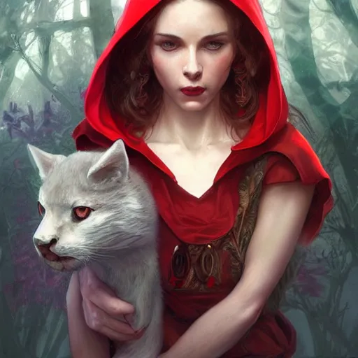 Prompt: Beautiful face Portrait of Little Red Riding Hood with a white panther, intricate, wild, highly detailed, digital painting, artstation, concept art, smooth, sharp focus, illustration, art by artgerm and greg rutkowski and alphonse mucha, footage from space camera