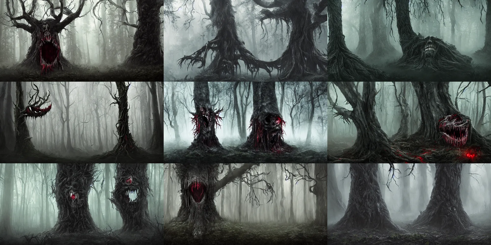 Prompt: dark forest shrouded in mist, a tree with bloody fanged mouth twisted open fangs visible, sinister face on tree trunk with fangs, forbearing, oppressive, epic composition, digital art, concept art, 4 k, highly detailed