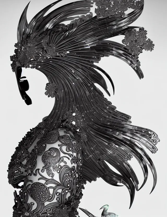 Image similar to 3 d goddess close - up profile portrait biomechanics with ram skull. beautiful intricately detailed japanese crow kitsune mask and clasical japanese kimono. betta fish, jellyfish phoenix, bio luminescent, plasma, ice, water, wind, creature, artwork by tooth wu and wlop and beeple and greg rutkowski