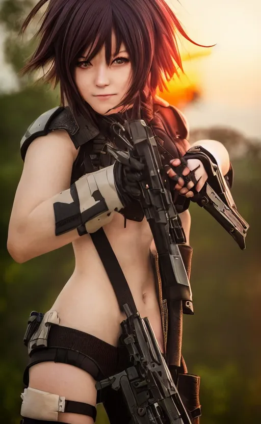 Image similar to highly detailed, high resolution, cosplay photo, octane, stunning, realistic lightning, real sunset, real water, character from girls frontline, sharp focus, 150mm, trending on facebook, by professional photographer, realistic anatomy, realistic military gear, realistic guns