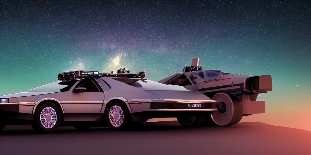 Prompt: a photo of a delorean car ontop of a mountain staring towards the starry night, synthwave, realism, octane render, 3 d render, beautiful