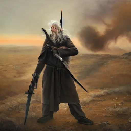 Image similar to gandalf shooting with an ar-15, oil painting, war, fire, dramatic, very detailed, trending on artstation, 4k