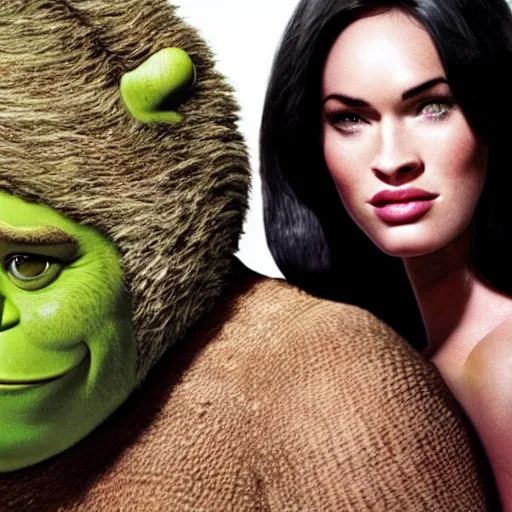 Prompt: movie poster for a movie about Love starring Shrek and Megan Fox