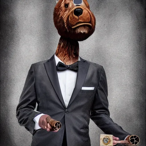 Image similar to a anthropomorphic bear beast - man in a suit smoking a cigar while drifting in a lamborghini, digital art