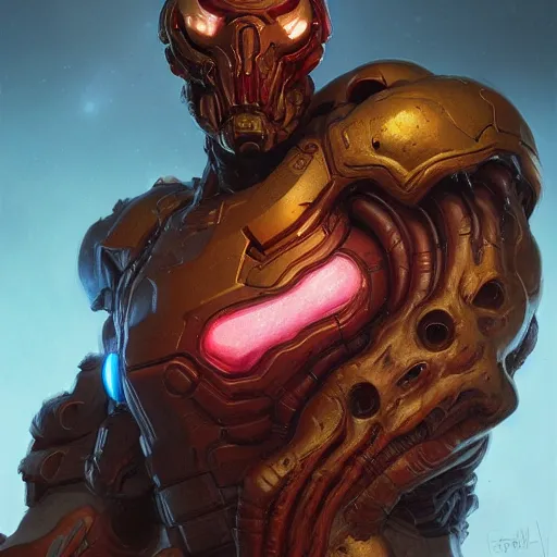 Image similar to doom eternal, mutant, tubes fused with the body, front view, painted by stanley lau, painted by greg rutkowski, painted by stanley, artgerm, masterpiece, digital art, trending on arts