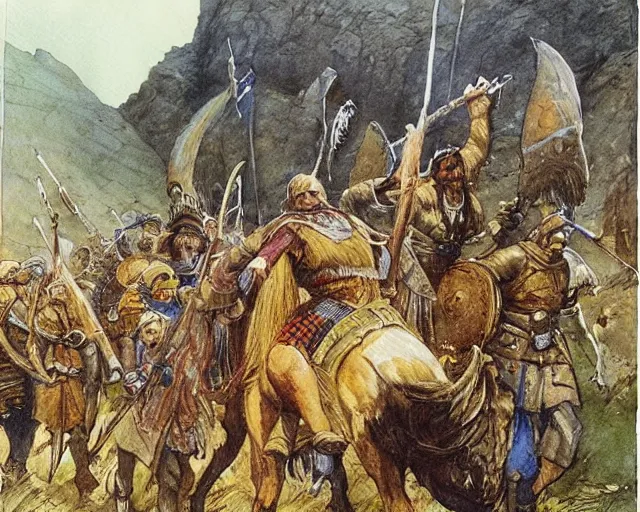 Prompt: “Culhwch and his finest warriors set off on a quest, a watercolour illustration of the Medieval Welsh Epic, The Mabinogion by Alan Lee”