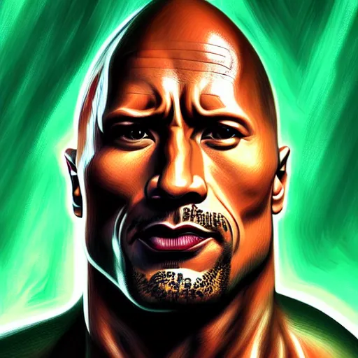 Image similar to portrait of dwayne johnson, long curly green hair, expressive pose, futuristic, highly detailed, digital painting, artstation, concept art, smooth, sharp focus, by quentin tarantino