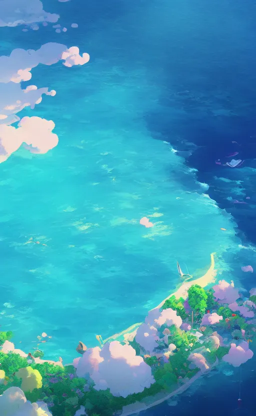 Prompt: aerial anime illustration of a beautiful and colorful ocean lagoon, atoll, serene lake, breathtaking clouds, by makoto shinkai, thomas kinkade, beeple, and james gilleard, wide angle, deviantart, cgsociety, 4k vertical wallpaper