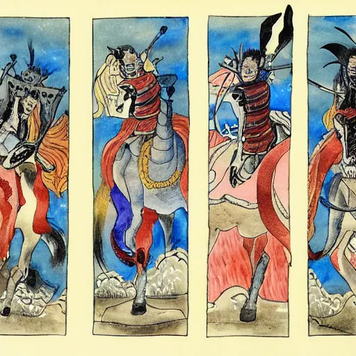 Prompt: four horsemen of apocalypse, in style of traditional japanese watercolor painting