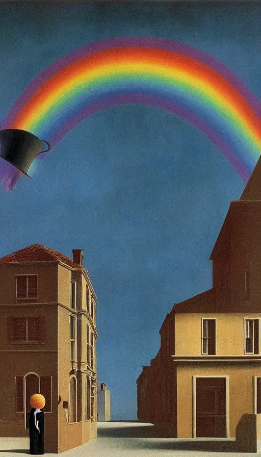 Image similar to mysterious paranoia, maddening knowledge, forbidden information, strange weirdness, rainbow 3 d colors, venetian victorian atmosphere by rene magritte and salvadore dali