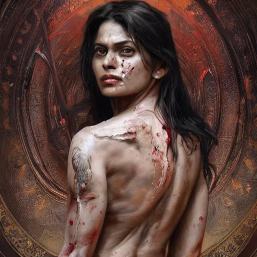 Prompt: portrait painting of a muscular bloodied indian middle aged woman lower back, ultra realistic, concept art, intricate details, eerie, highly detailed, photorealistic, octane render, 8 k, unreal engine. art by artgerm and greg rutkowski and alphonse mucha