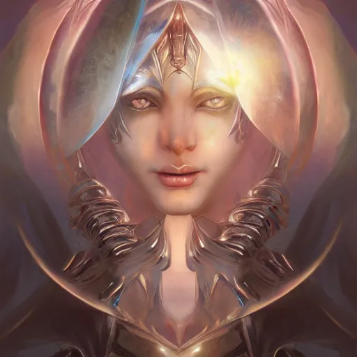 Prompt: fantasy sorceress women, symmetrical portrait, holy glow, by Yoshitaka Amano, Ruan Jia, Kentaro Miura, Artgerm, 8k