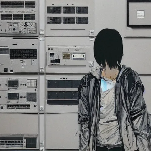 Image similar to portrait of lain iwakura connected to a room full of cables computers and displays by ruan jia and joao ruas. atmospheric