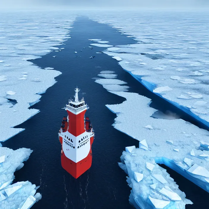 Prompt: A little bird's flight over an enormous gigantic icebreaker-sityfortress sailing across an icy cold ocean. Masterpiece, cinematic, hyperdetailed, photorealistic, hyperrealism, octane rendering, 8k, aerial view