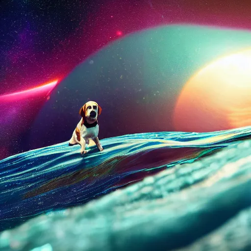 Image similar to photo of a beagle surfing a surfboard on a crashing l wave of alien ocean in space, background is an alien galaxy, aliens in the background, alien colors, octane render, unreal engine, wide view, 8 k, high detaild