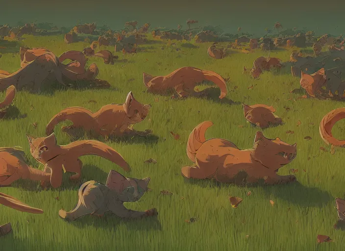 Prompt: concept art of a field of millions of kittens, cel shaded, in the style of makoto shinkai and moebius and peter mohrbacher and anton fadeev